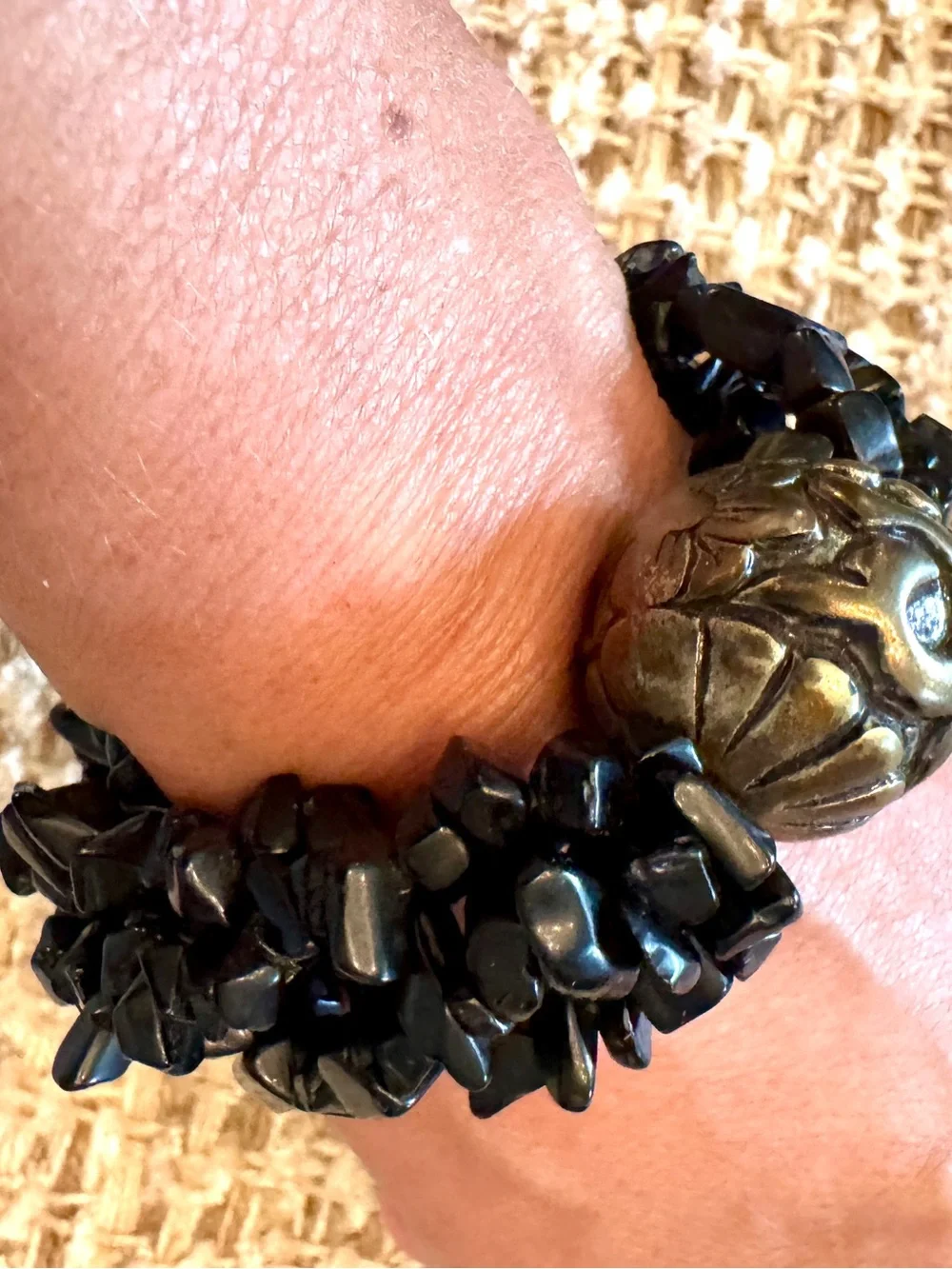 Vintage Black Onyx Chip Bracelet Engraved Floral Metal Bead Whimsy goth Chunky